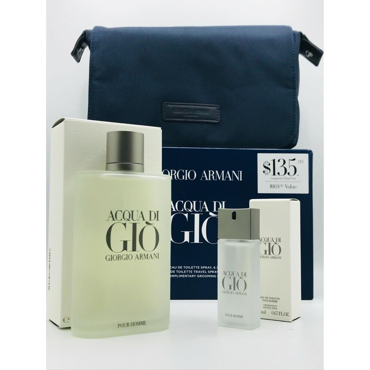 Acqua Di Gio Giorgio Armani 3pc Set Cologne Spray 6.7 OZ Bag Travel Spray