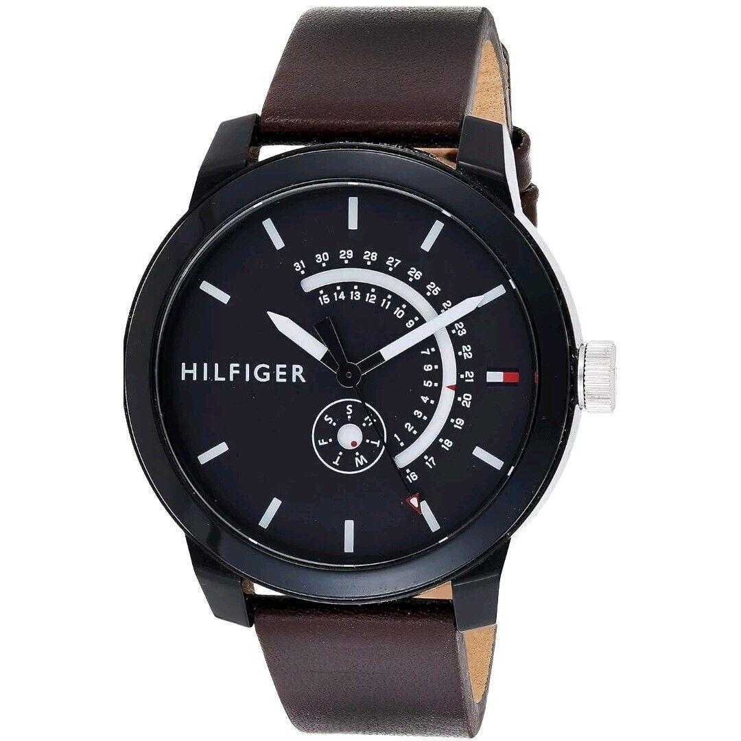 Tommy Hilfiger Men`s Watch Gray Dial Brown Leather Band 44mm Day Date 1791478