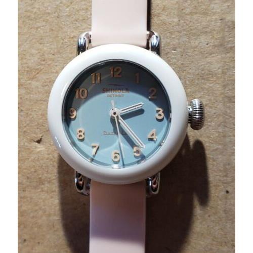 Shinola Pee Wee Detrola Watch with 25mm Skyblue Face Light Pink Silicone Band