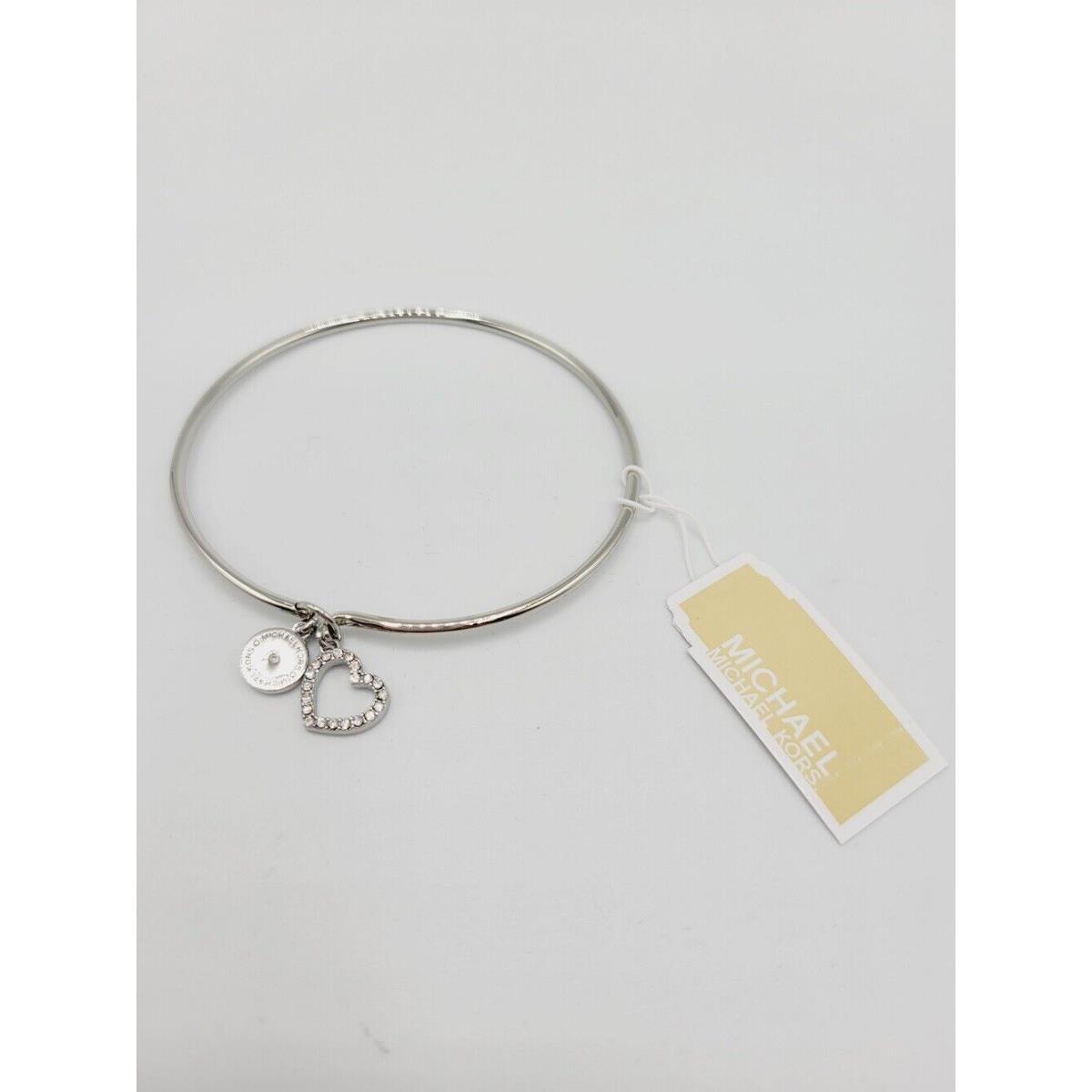 Michael Kors 2 Charms Logo Heart Hook Eye Crystals Bangles MK Bracelet Gift Silver