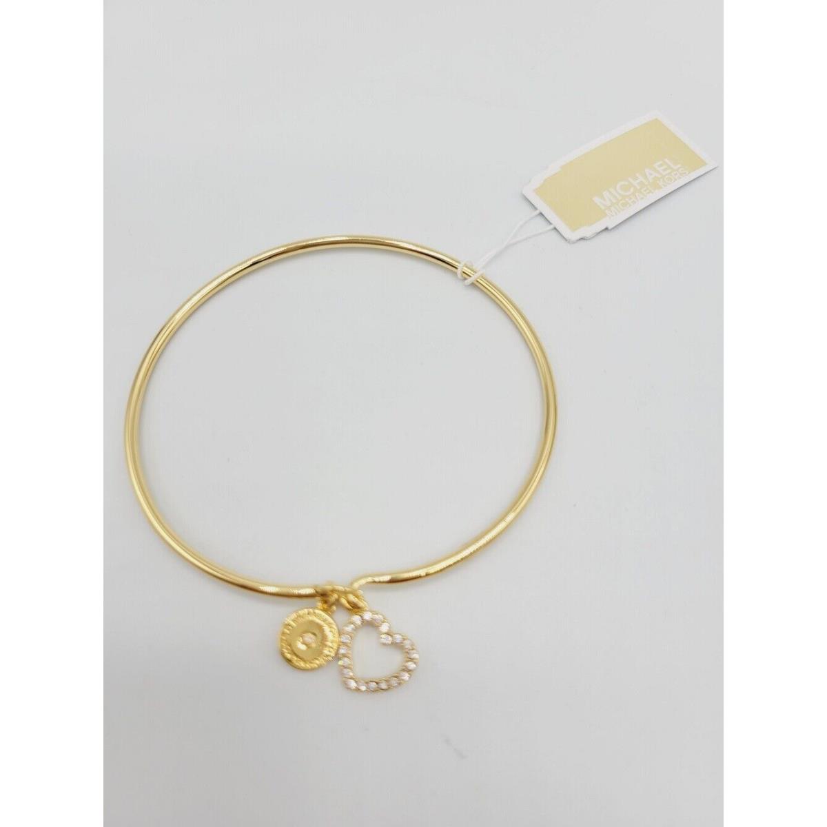 Michael Kors 2 Charms Logo Heart Hook Eye Crystals Bangles MK Bracelet Gift Yellow Gold