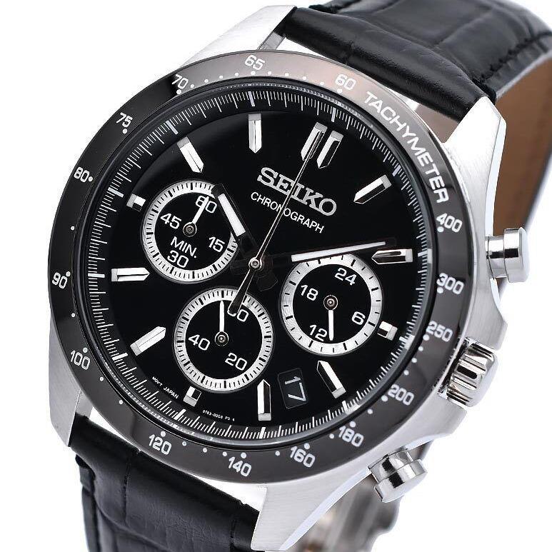 Seiko Spirit Black Dial Leather Band Chronograph Men`s Watch SBTR021