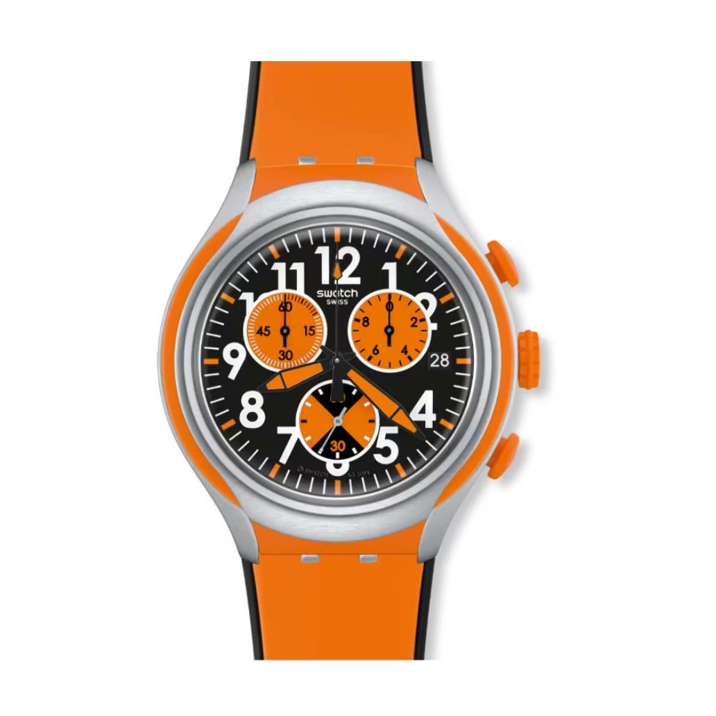 Swatch Irony Feel Strong Chronograph Aluminum Orange Silicone Men`s Watch - Dial: Black, Band: Orange, Bezel: Gray