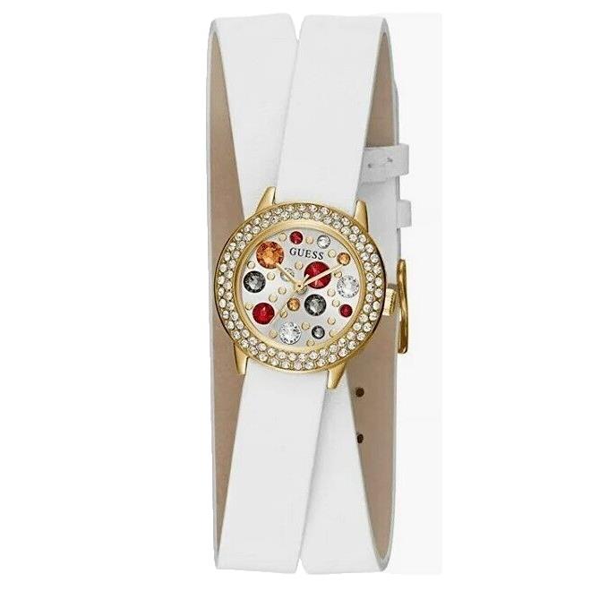 Guess White Wrap Around Leather Band Gem Set Women`s Watch U1190L1