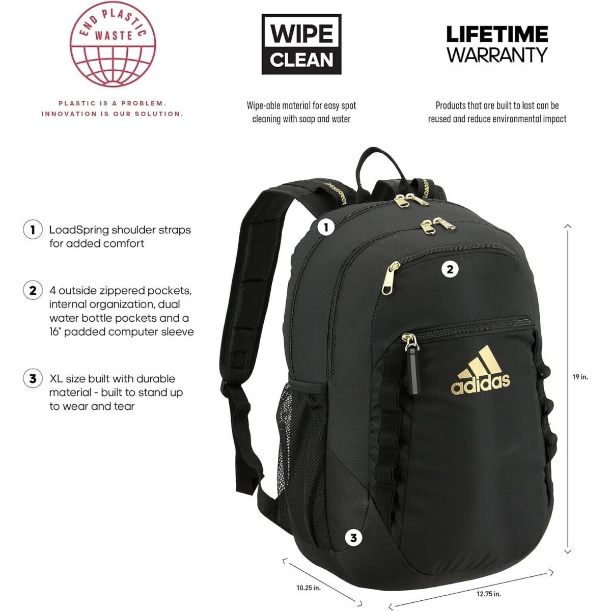 Adidas 19`` Durable Backpack Black/gold 15 Laptop Bag Padded Shoulder Straps