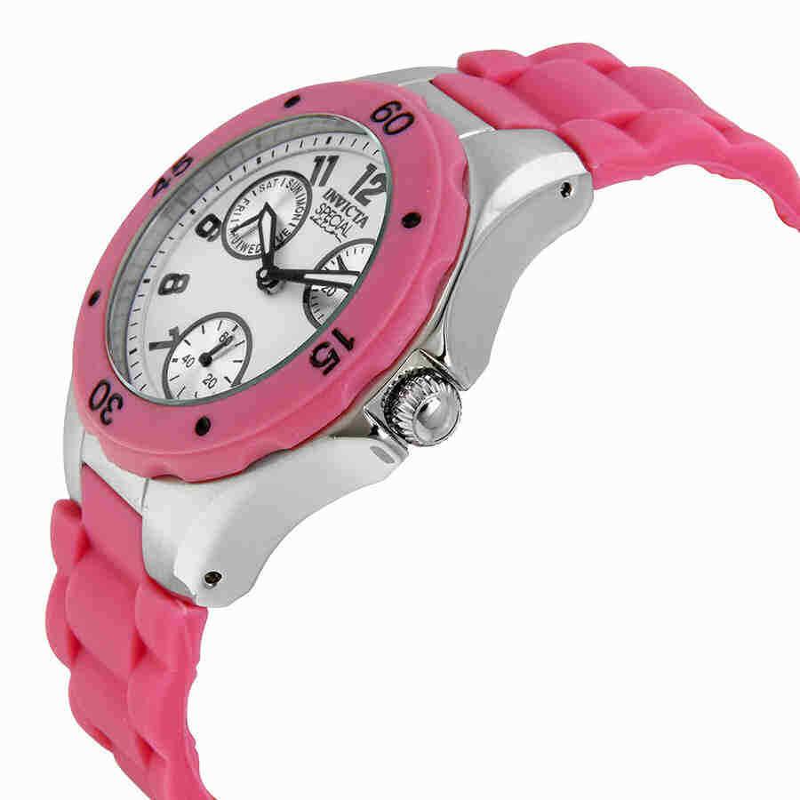 Invicta Angel Multi-function White Sunray Dial Pink Silicone Ladies Watch 18791 - Dial: White Sunray, Band: Pink, Bezel: Silver-tone