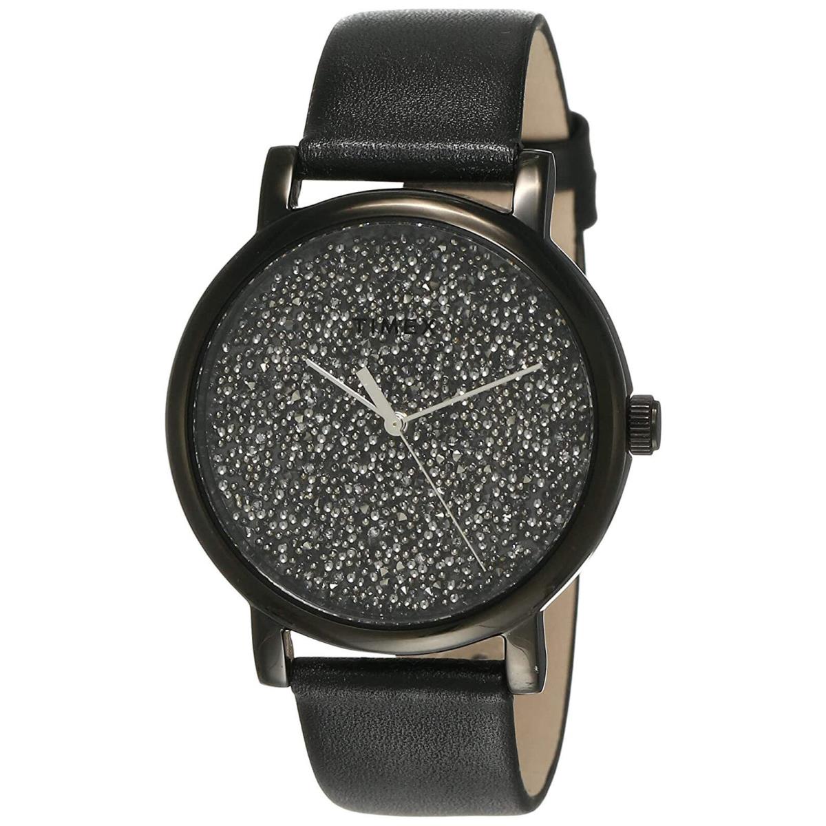 Timex TW2R95100 Crystal Opulence Women`s Analog Steel Watch Black Leather Strap