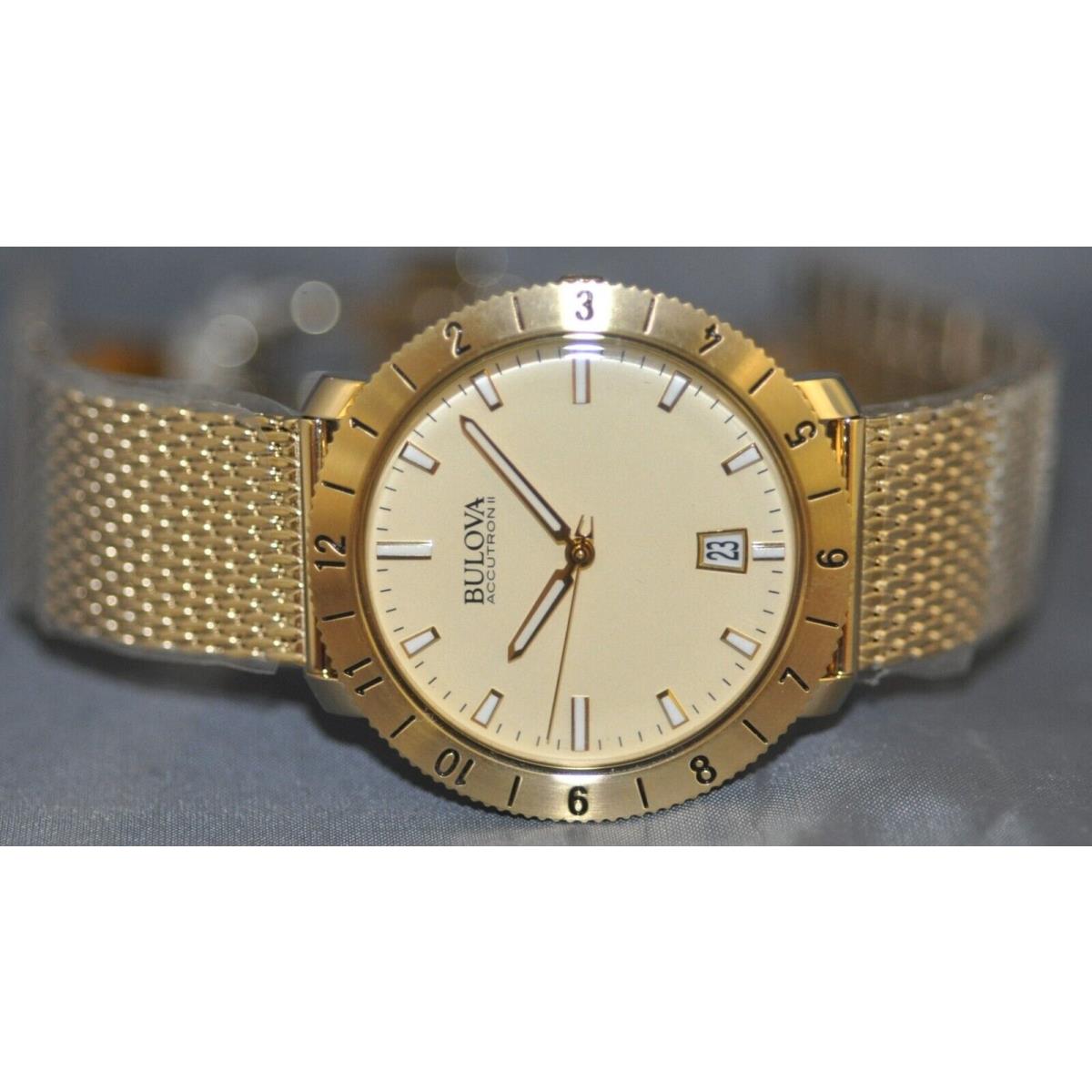 Bulova Men`s Accutron II Moonview Gold Dial Gold Stainless Steel Watch 97B129