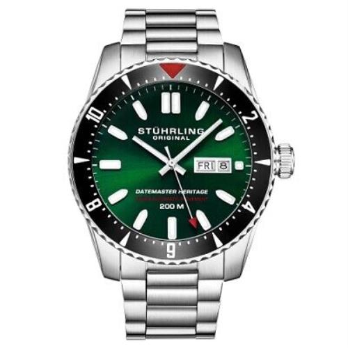 Stuhrling 1004 03 Automatic Day Date Stainless Steel Mens Watch - Dial: Green, Band: Silver, Bezel: Black