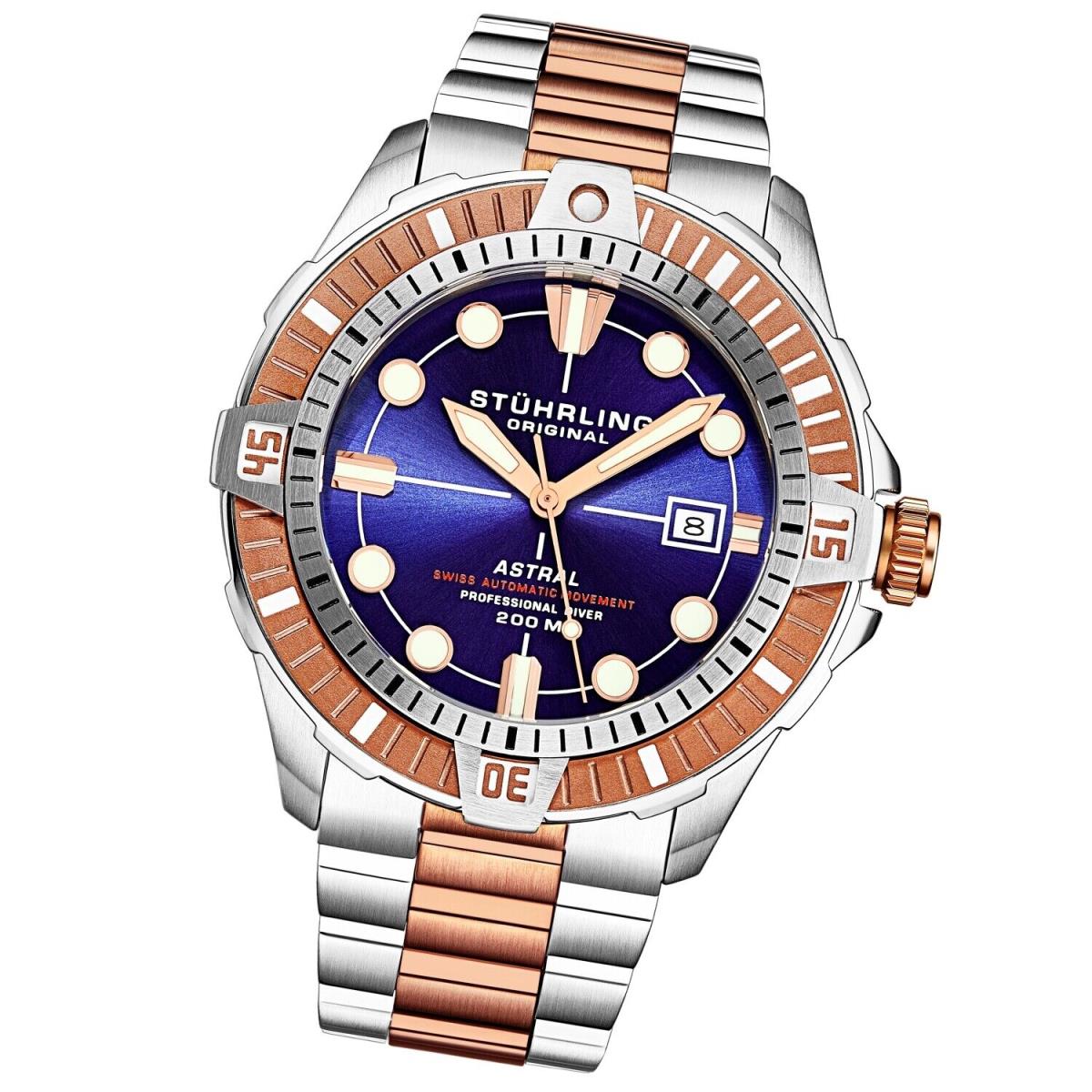 Stuhrling 1005 04 Astral Automatic Date Blue Stainless Steel Mens Watch - Dial: Blue, Band: Silver, Rose Gold, Bezel: Rose Gold