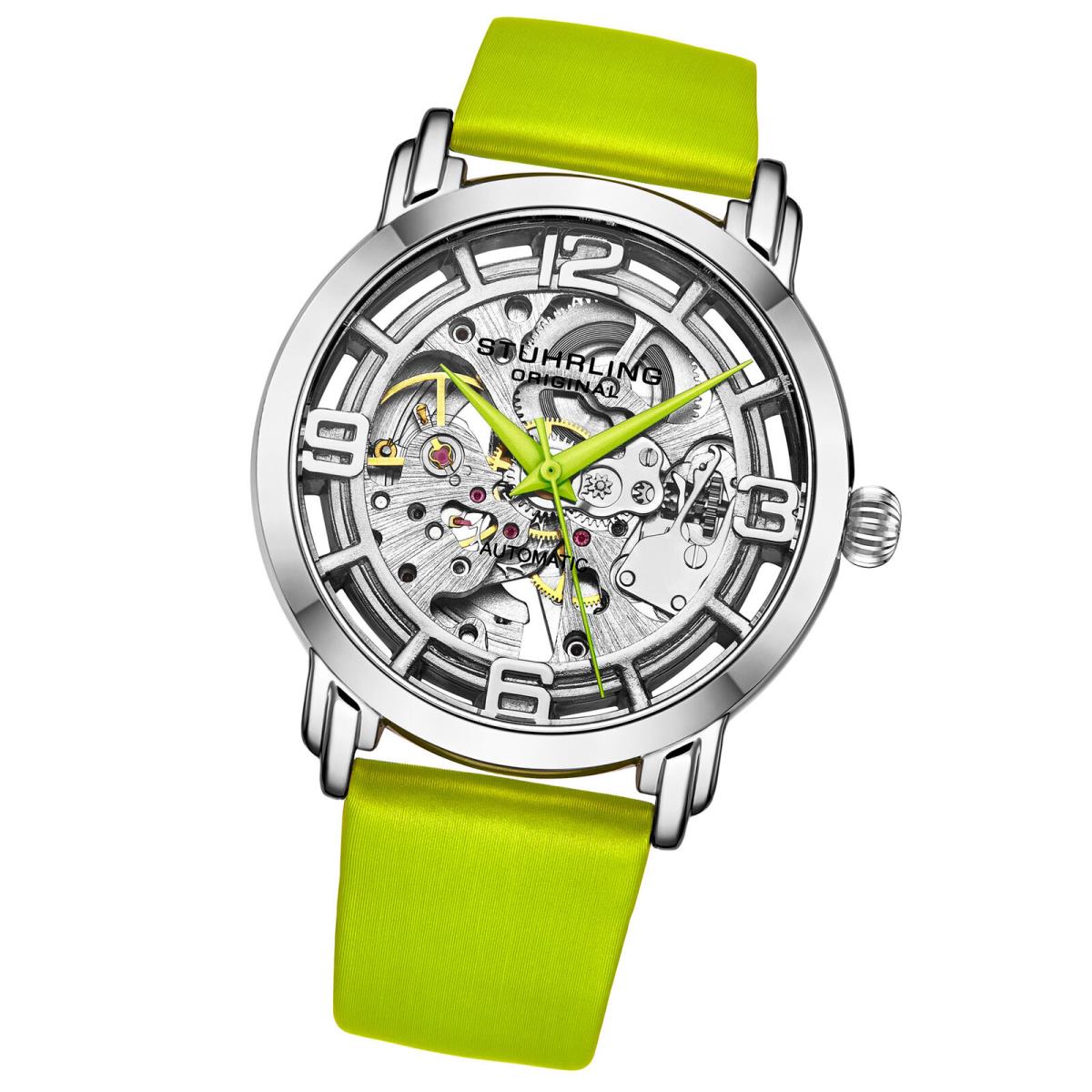 Stuhrling 3982 2 Winchester Automatic Skeleton Green Leather Womens Watch