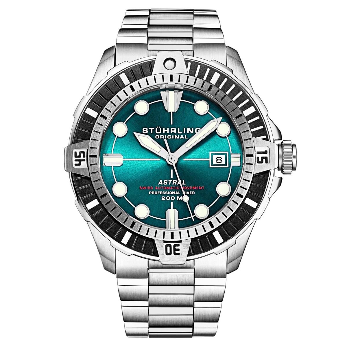 Stuhrling 1005 03 Astral Automatic Date Green Stainless Steel Mens Watch