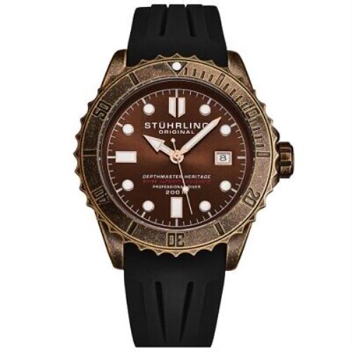 Stuhrling 1003 05 Automatic Movement Black Rubber Strap Diver Mens Watch - Dial: Green, Band: Brown, Bezel: Copper