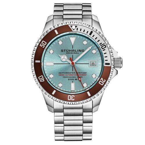 Stuhrling 883H 05 Depthmaster Automatic Diver Stainless Steel Mens Watch - Dial: Blue, Band: Silver, Bezel: Brown, Gray