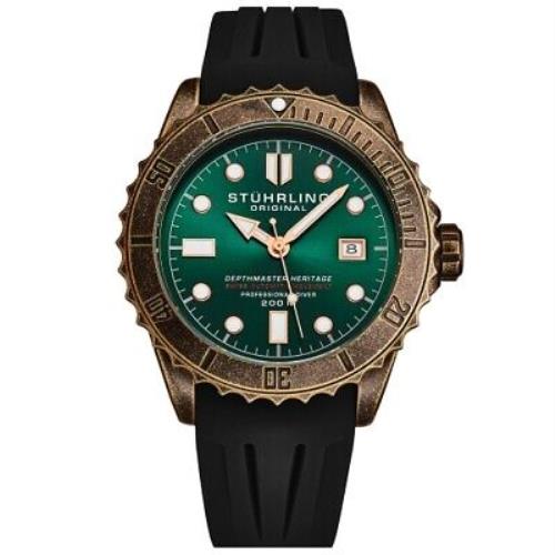 Stuhrling 1003 04 Automatic Movement Black Rubber Strap Diver Mens Watch - Dial: Green, Band: Black, Bezel: Copper