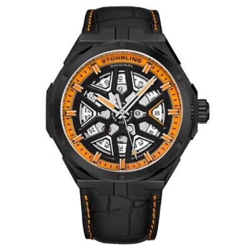 Stuhrling 379 06C Automatic Skeleton Black Leather Mens Watch