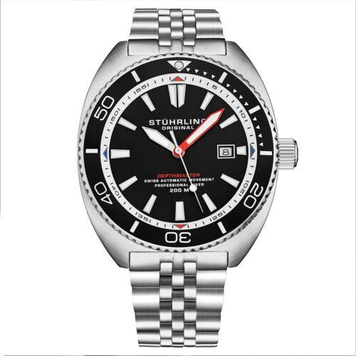 Stuhrling 1008 02 Automatic Depthmaster Diver Black Dial Date Mens Watch