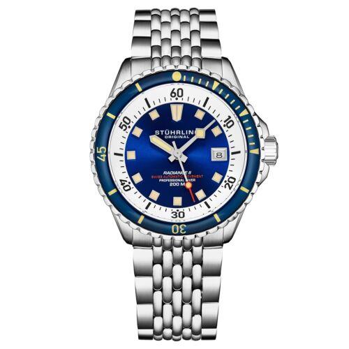 Stuhrling 1009 02 Automatic Radiance Date Stainless Steel Mens Watch - Dial: Blue, Band: Silver, Bezel: Blue