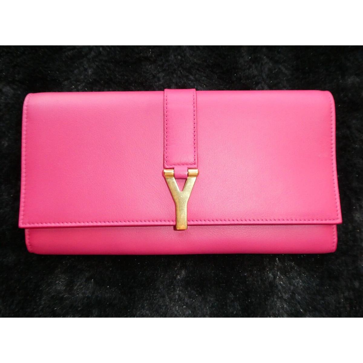 Ysl Saint-laurent Paris Classic Y Fushia Leather Large Wallet Clutch 314991