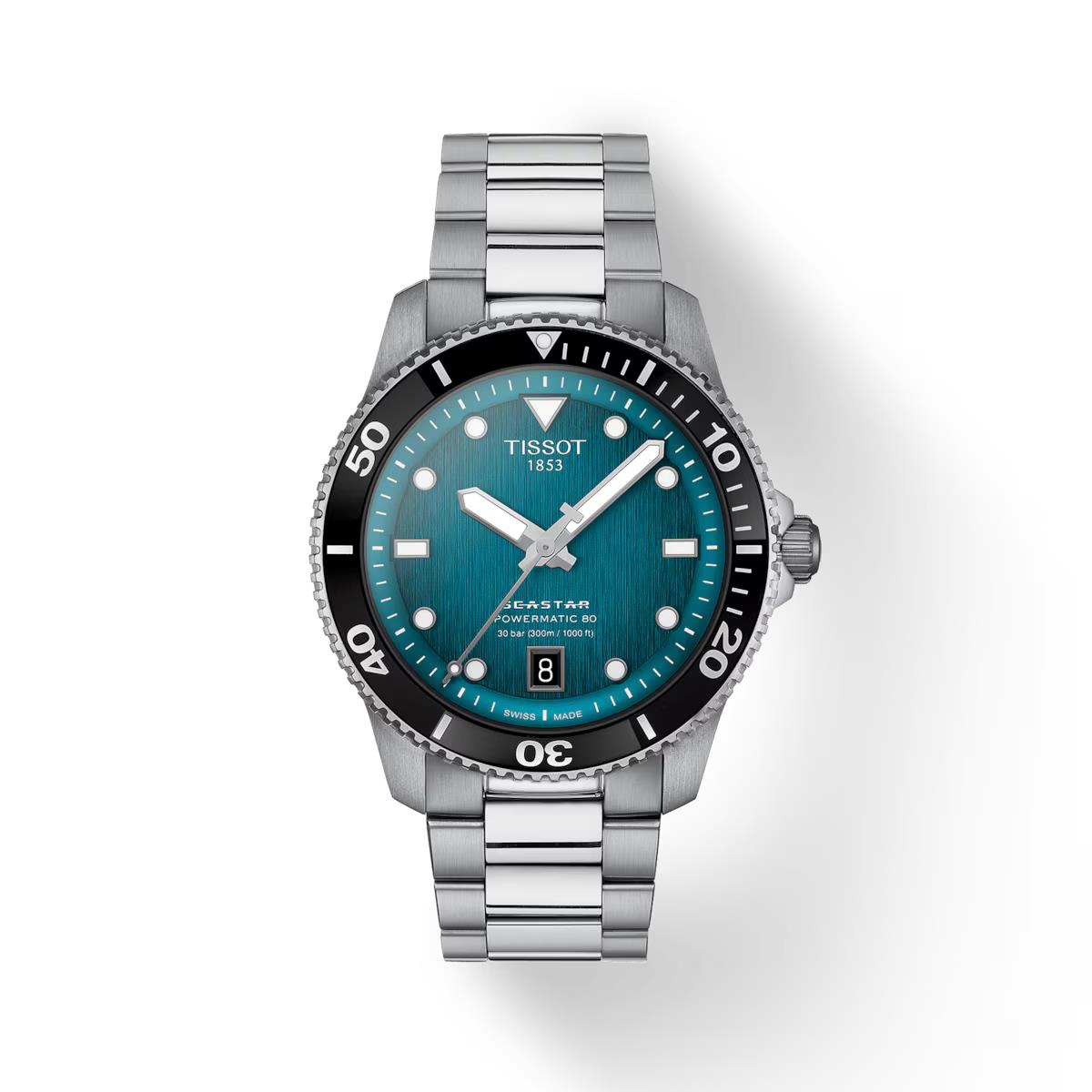 Tissot Seastar 1000 Powermatic 40mm Turquoise Dial Watch T120.807.11.091.00 - Dial: Turquoise, Band: Silver, Bezel: Black