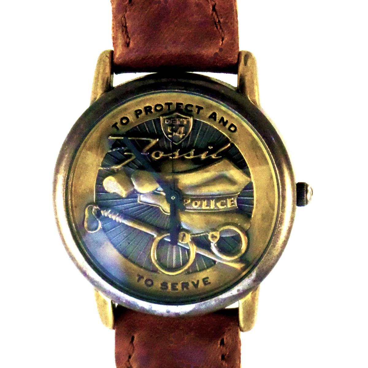 Police `to Protect and To Serve` Fossil Watch Raised Bronze Tones Dial Case