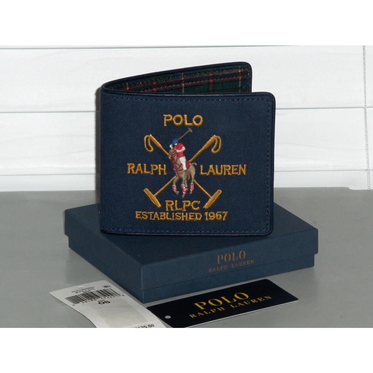 Polo Ralph Lauren Men`s Pony Crest Canvas Leather Bifold Wallet Billfold Navy