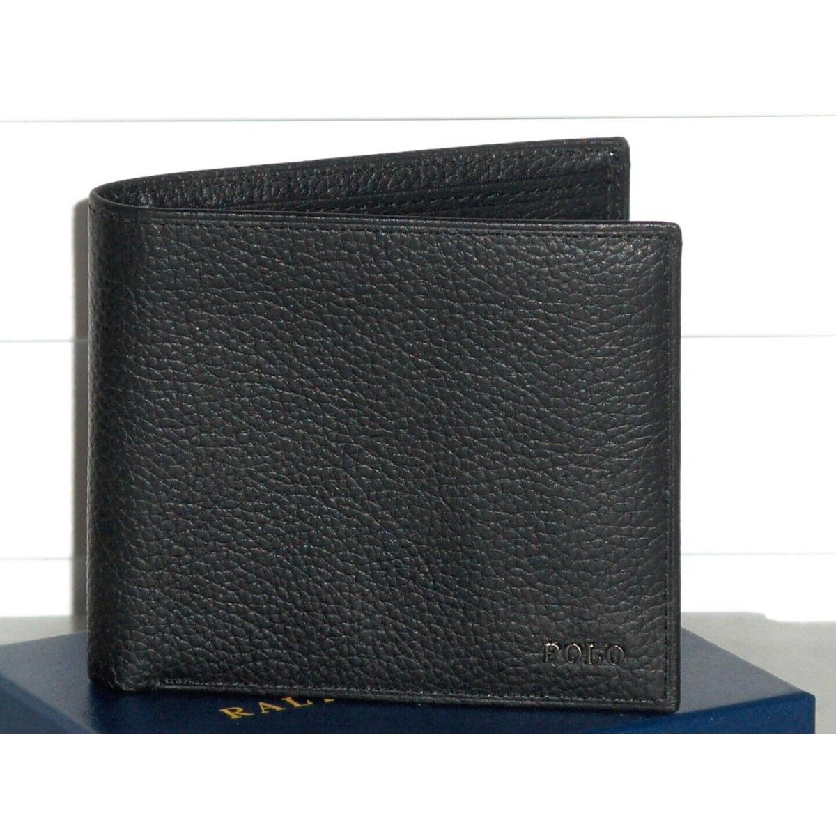 Polo Ralph Lauren Men`s Metal Plaque Leather Bifold Wallet Billfold Black