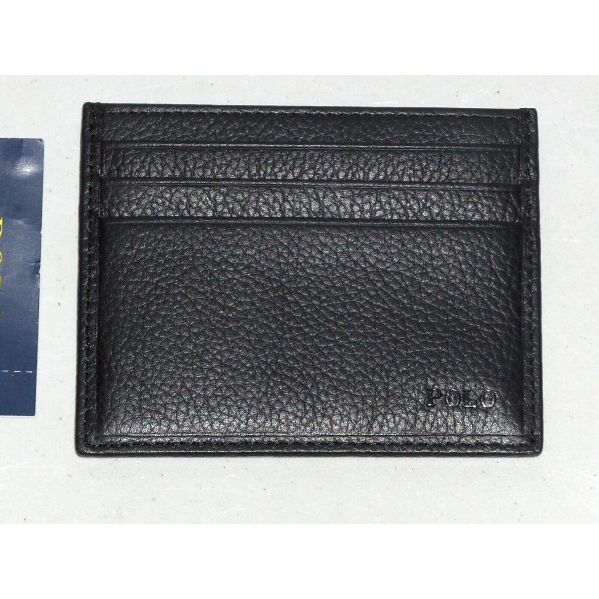 Polo Ralph Lauren Men`s Metal Plaque Logo Pony Leather Card Case Wallet Black