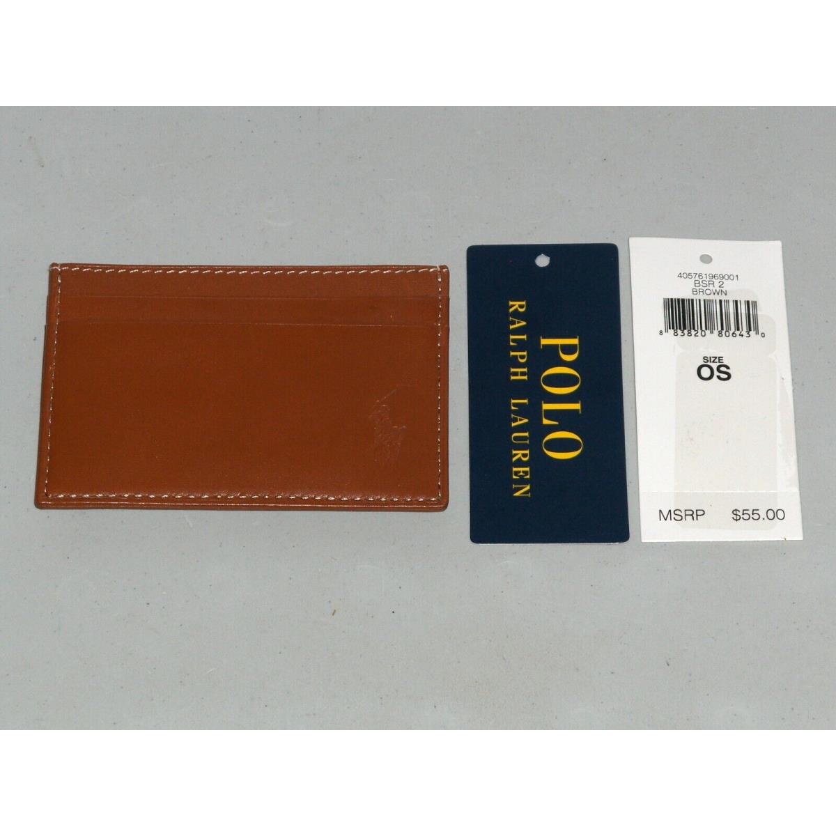 Polo Ralph Lauren Men`s Burnished Leather Card Case Money Clip Wallet Brown