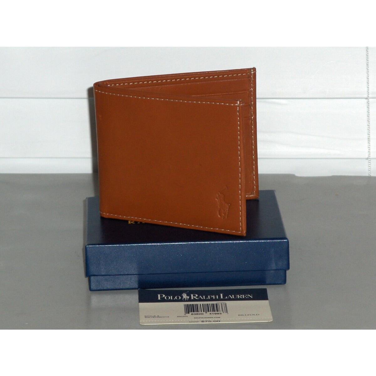 Polo Ralph Lauren Men`s Burnished Leather Bifold Wallet Billfold Brown