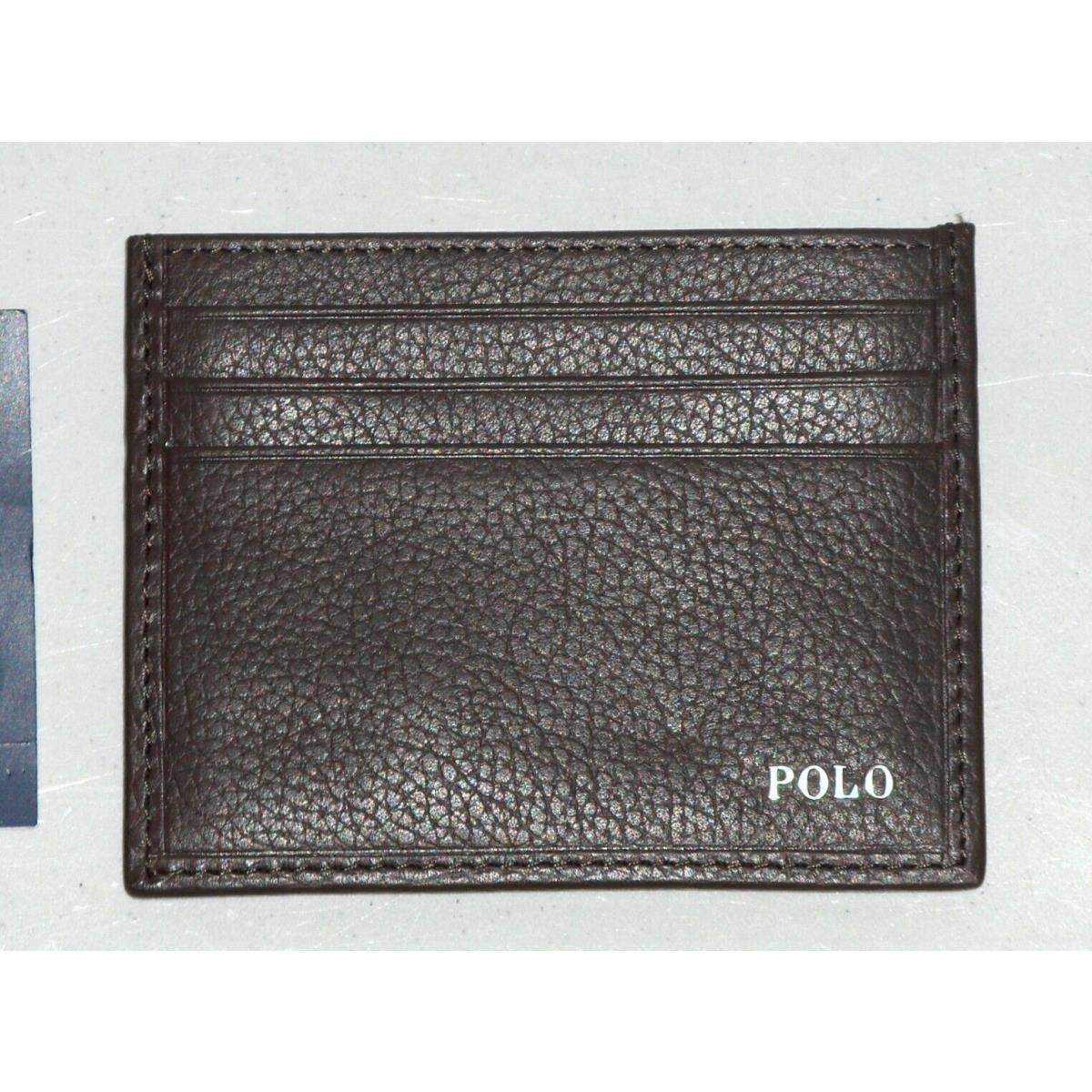 Polo Ralph Lauren Men`s Metal Plaque Logo Pony Leather Card Case Wallet Brown