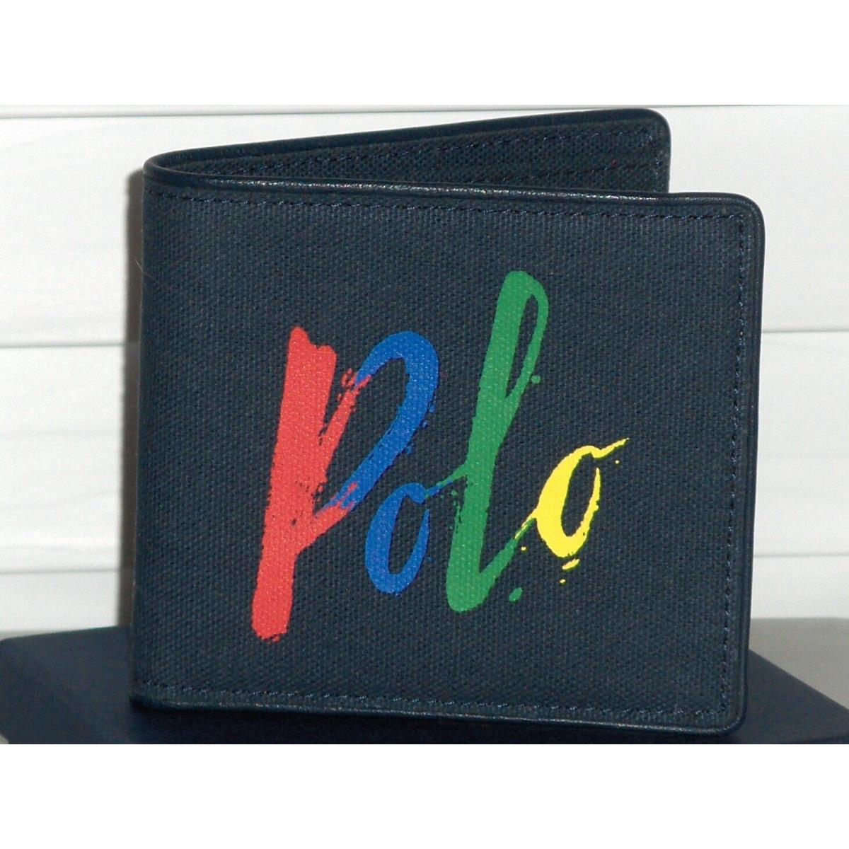 Polo Ralph Lauren Men`s Painted Paint Logo Canvas Bifold Wallet Billfold Navy