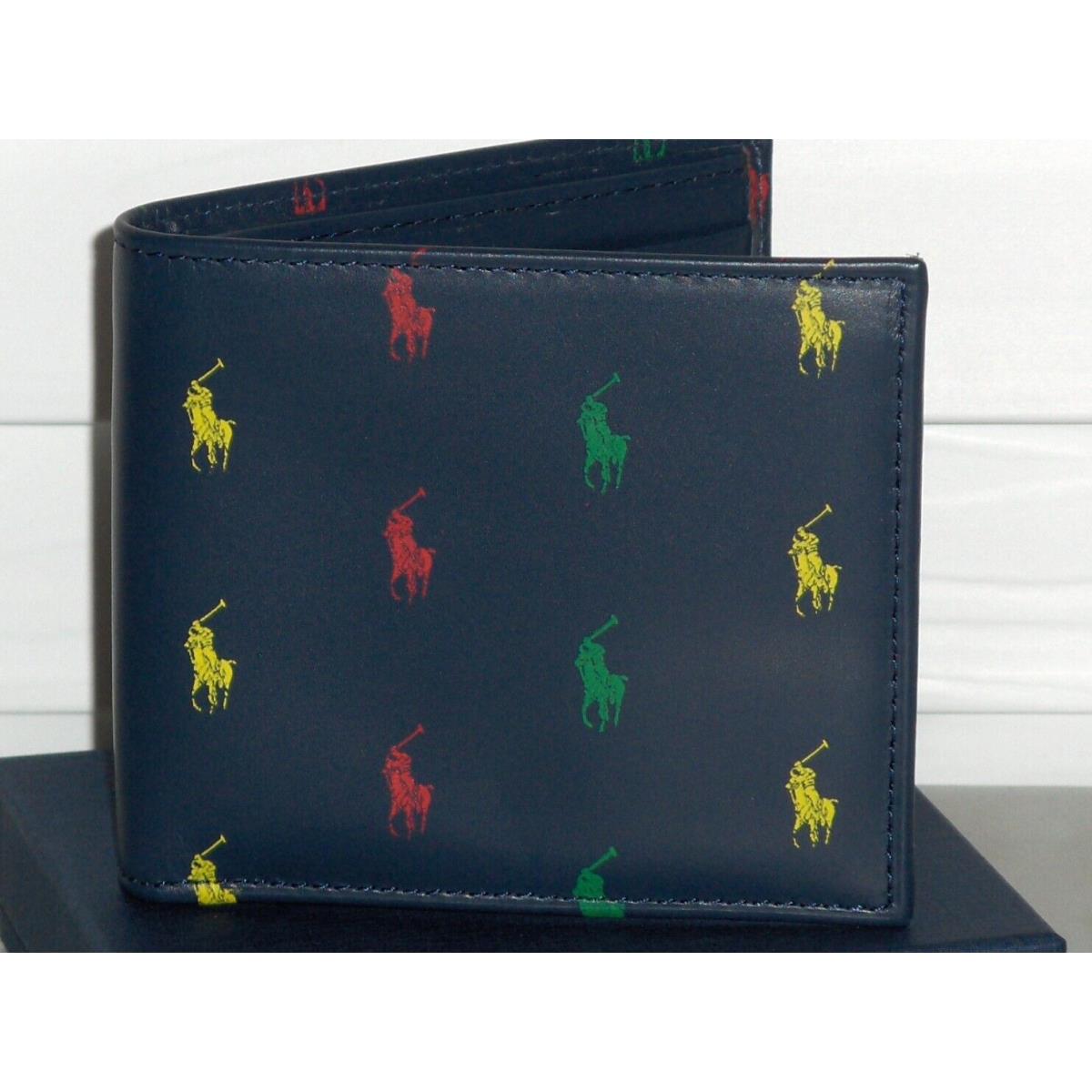 Polo Ralph Lauren Men`s Leather All Over Pony Bifold Wallet Billfold Navy