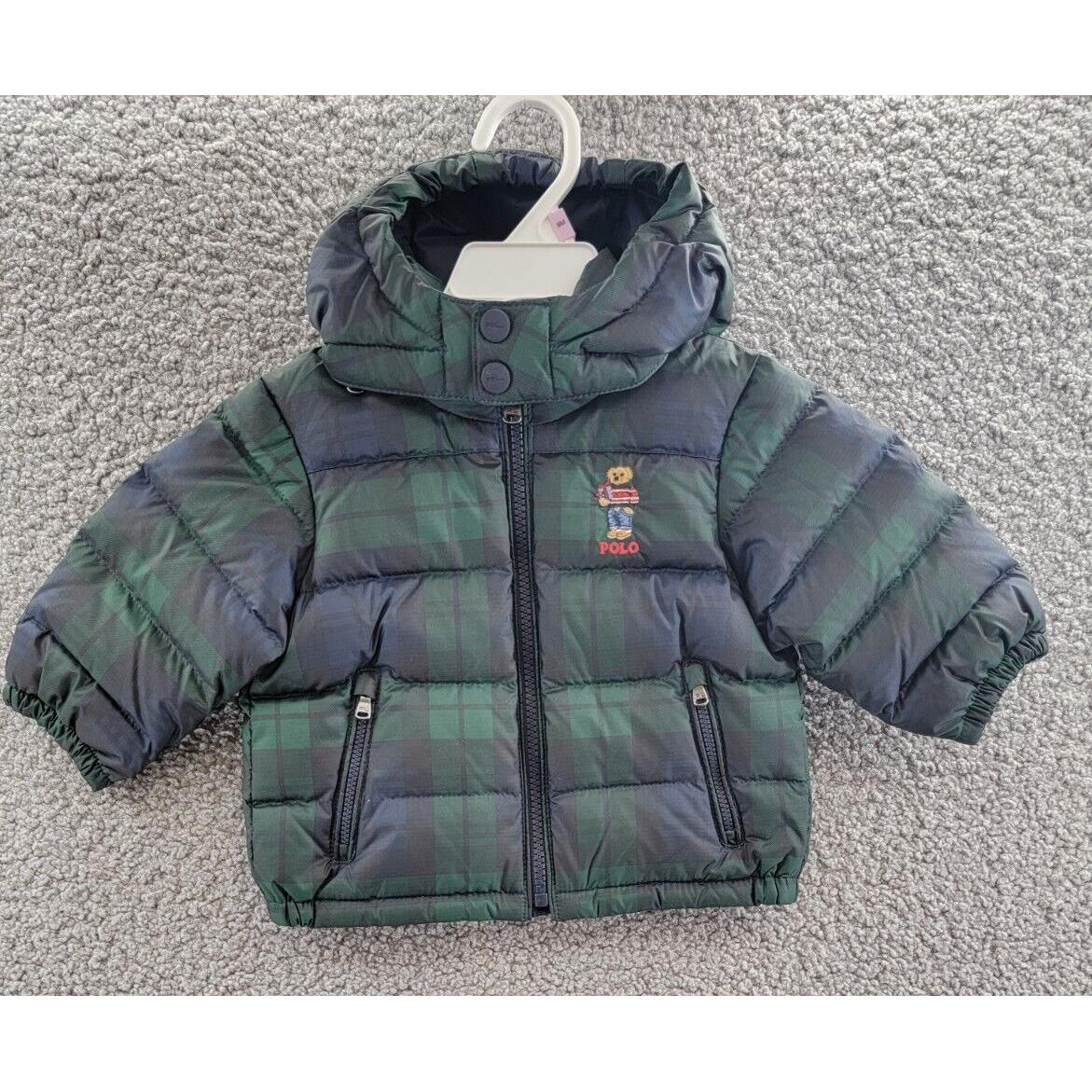 Polo Ralph Lauren Polo Bear Plaid Down Hooded Jacket Baby Boys 9M Black Watch