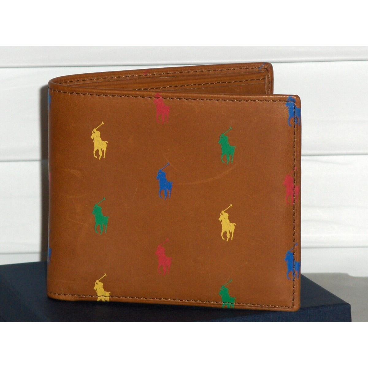 Polo Ralph Lauren Men`s Leather All Over Pony Bifold Wallet Billfold Brown