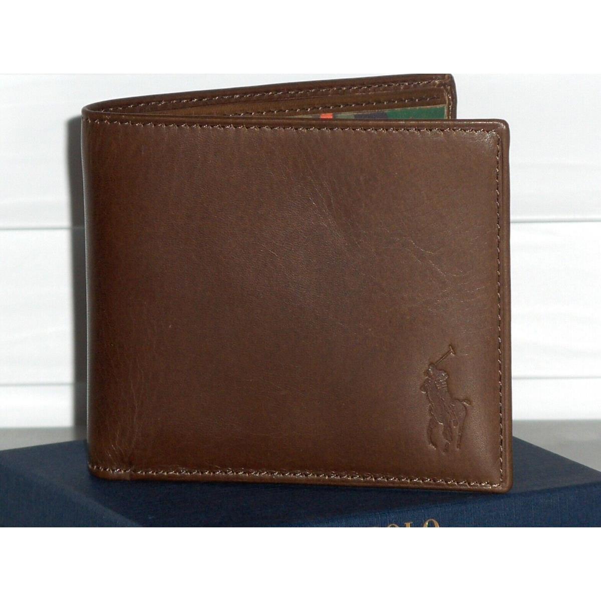 Polo Ralph Lauren Men`s Burnished Leather Bifold Wallet Billfold Camo Brown