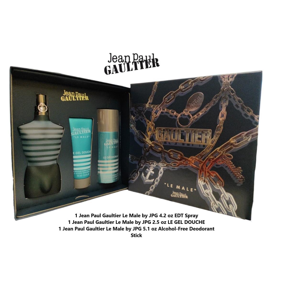 Jean Paul Gaultier Le Male 3 Pc`s Set For Men 4.2oz/ Edt 5.1 Deodo/2.5 Showergel