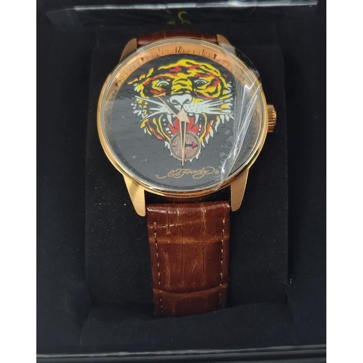 Ed Hardy Men`s Brown Leather Strap Tiger Head Logo Japan Movt Ze-tg 0685