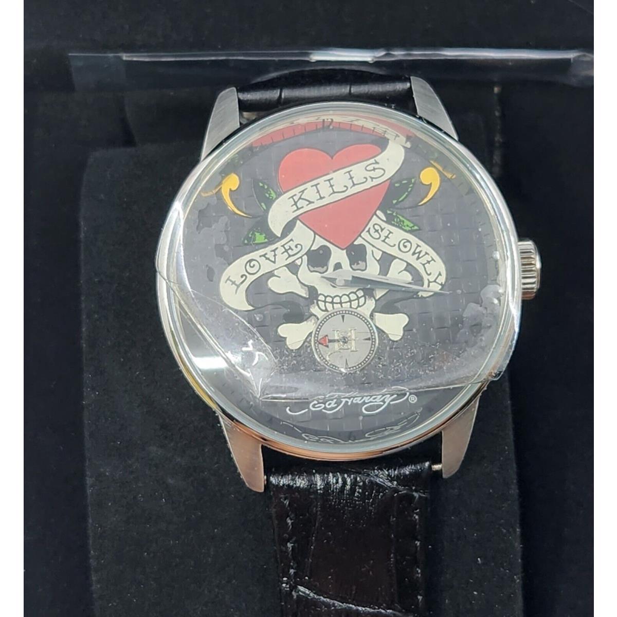 Ed Hardy Men`s Black Leather Strap Watch 10 Atm Love Kills Slowly Japan Movt