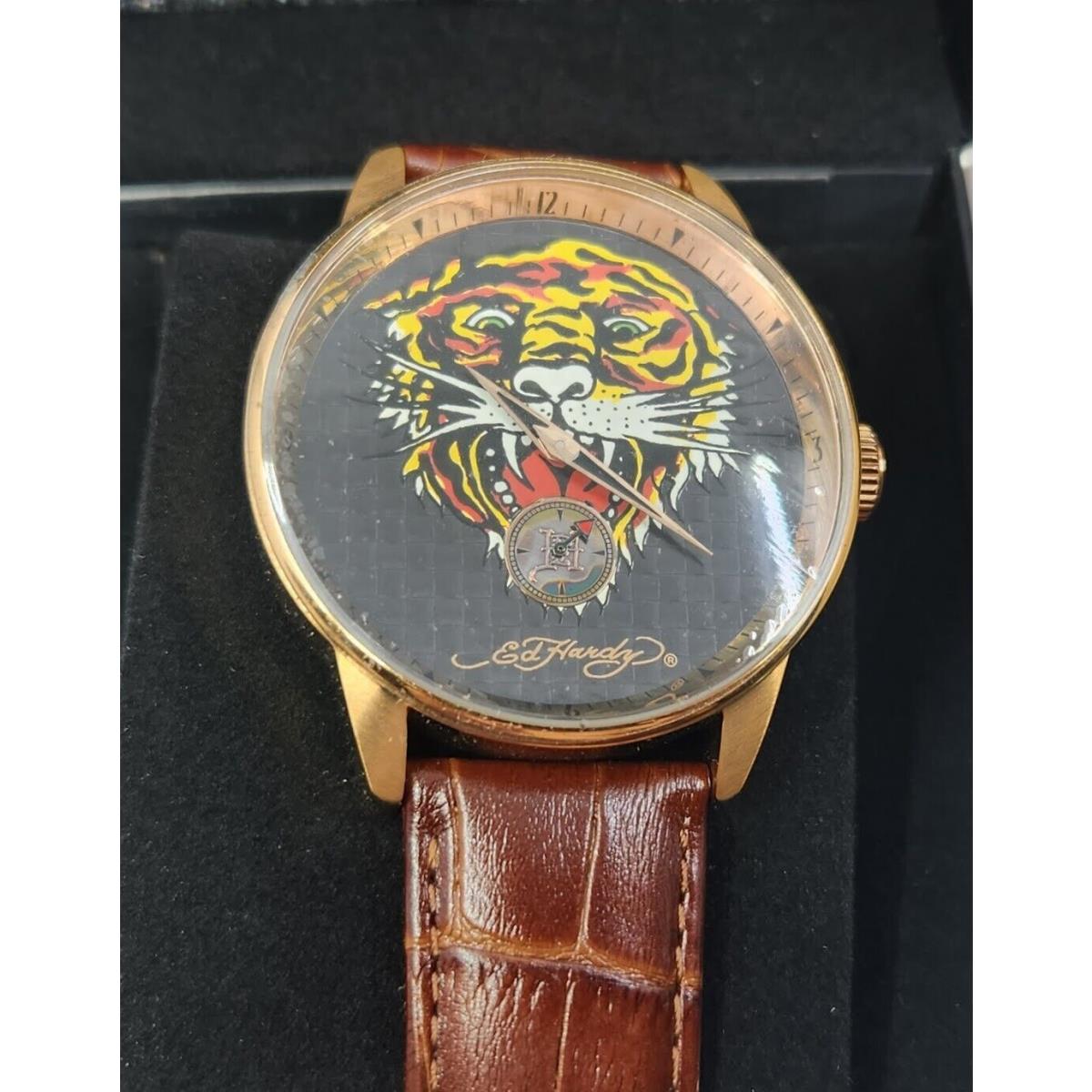 Ed Hardy Men`s Brown Leather Strap Tiger Head Logo Japan Movt Ze-tg 0352