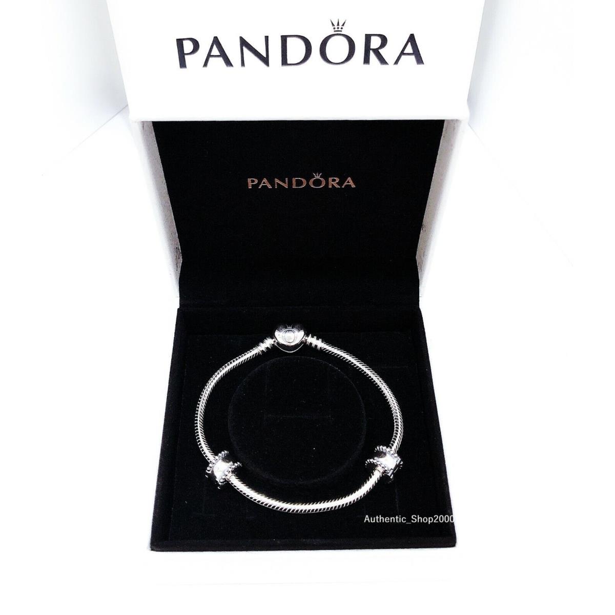 Pandora 925 Silver Snake Chain Heart Clasp 2 Charm Bracelet Gift Set