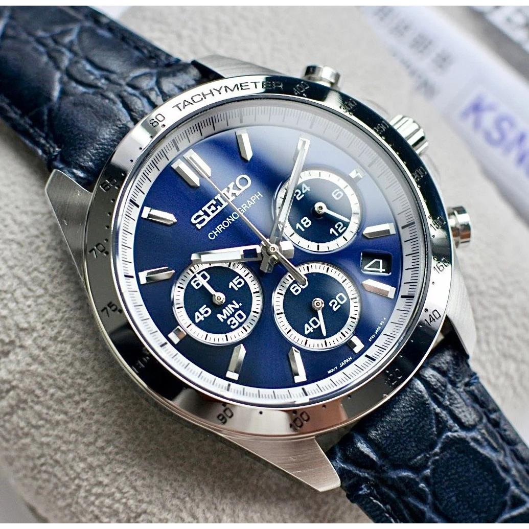 Seiko Spirit Blue Dial Leather Band Chronograph Men`s Watch SBTR019