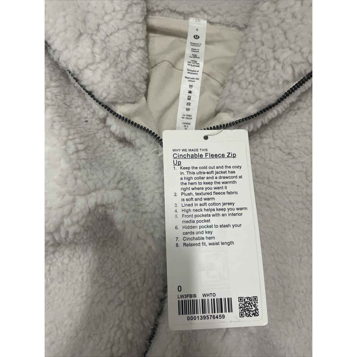 Lululemon Cinchable Fleece Full Zip Sz 0 Zip Up Textured Coat Jacket White Opal