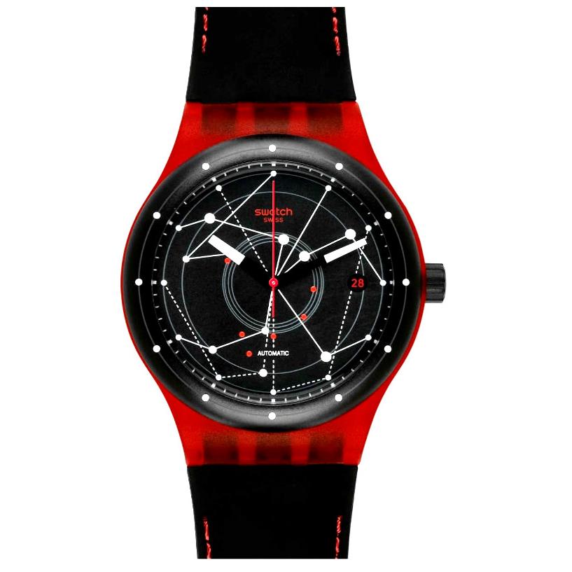 Swatch Swiss Made Men`s Sistem 51 Red Stars Automatic Watch SUTR400 - Dial: BLACKWITH WHITE DOTS AND LINES WITH RED ACCENT, Band: BLACK WITH RED STITCHES, Bezel: Black