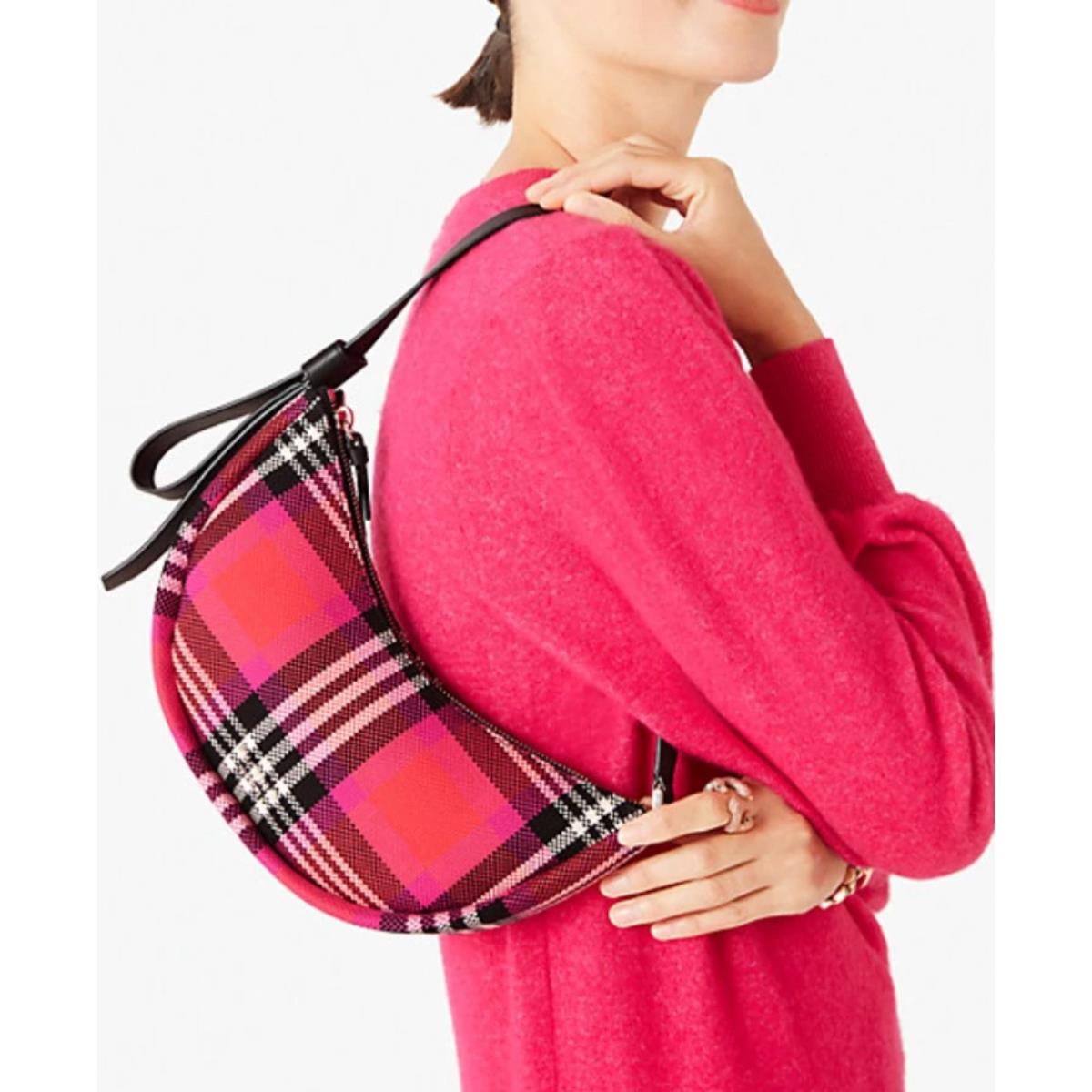 Kate Spade Smile Shoulder Bag Red Plaid Check Small Leather Zip Top