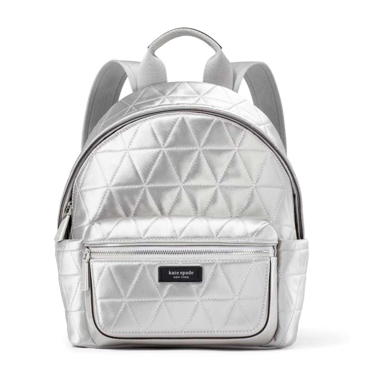 New Kate Spade Sam Icon Quilted Satin Small Backpack Silver with Dust Bag