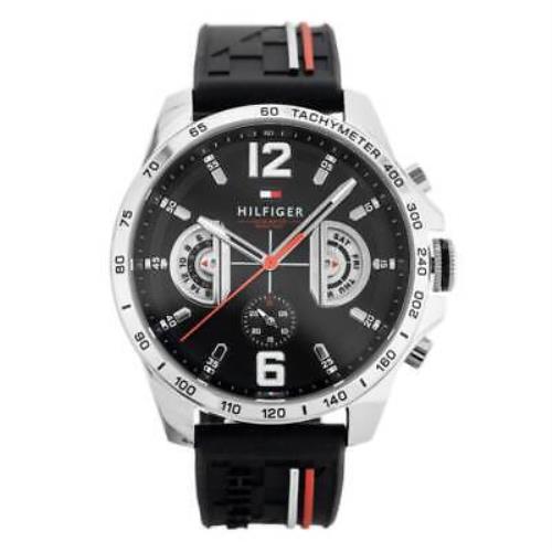 Tommy Hilfiger 1791473 Men`s Silver Black Silicone Band Black Dial Watch 46mm
