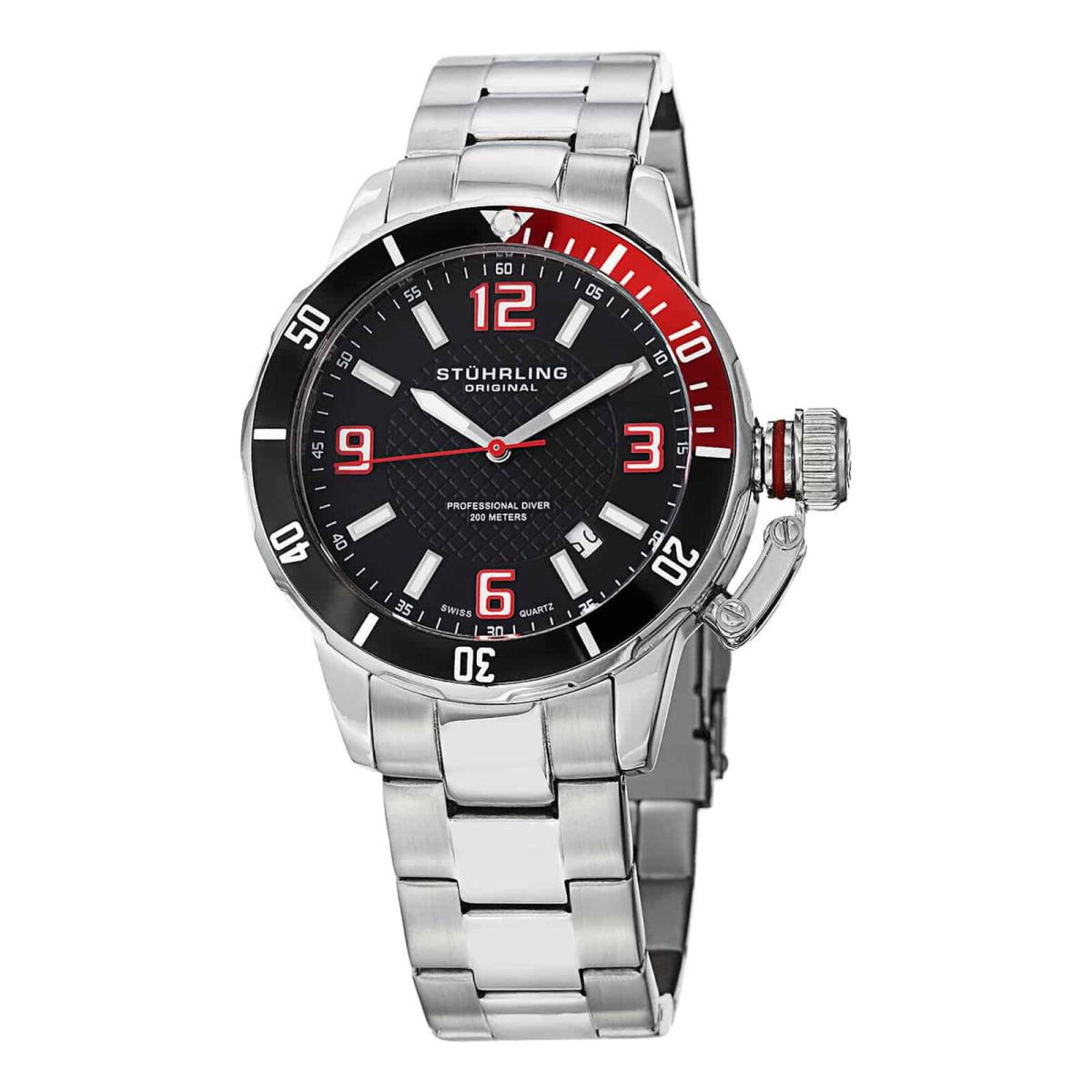 Stuhrling 676 01 Aquadiver Quartz Black Dial Stainless Steel Pro Diver Mens Watc - Dial: Black, Band: Silver, Bezel: Black, Red