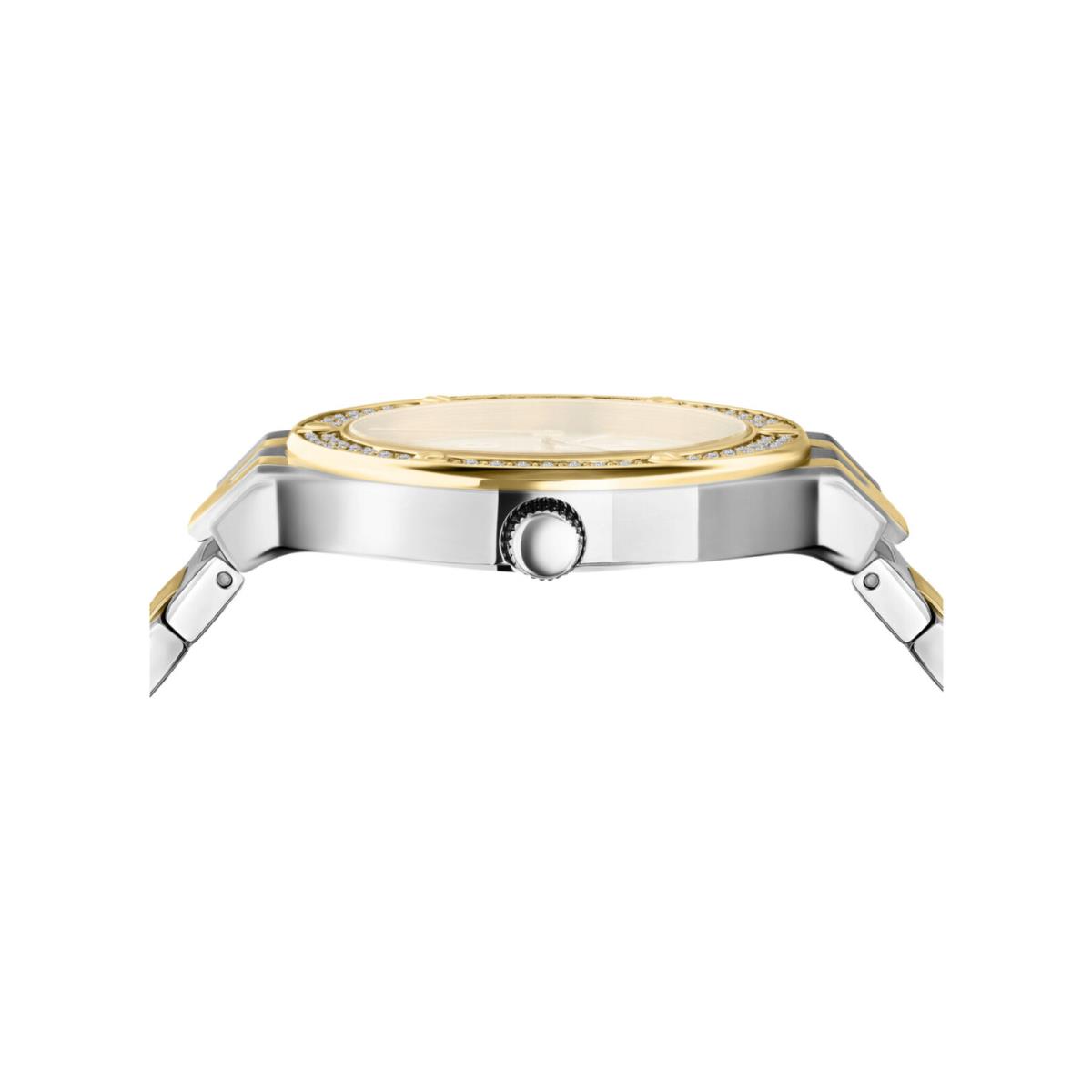 Versus Versace Womens Vittoria Crystal Two Tone 38mm Bracelet Fashion Watch - Dial: White, Band: Silver, Bezel: White