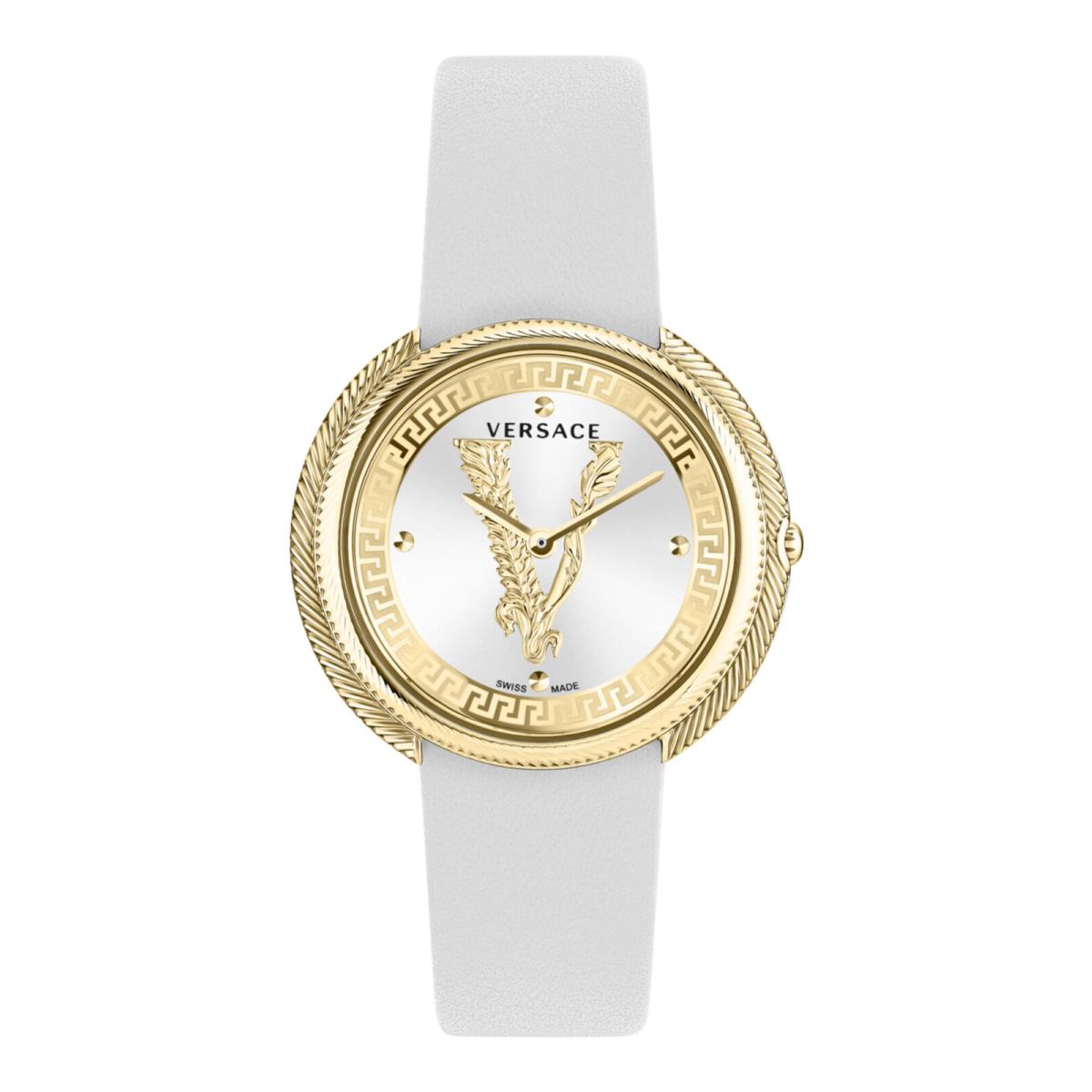 Versace Womens Thea Gold 38mm Strap Fashion Watch - Dial: Silver, Band: White, Bezel: Gold